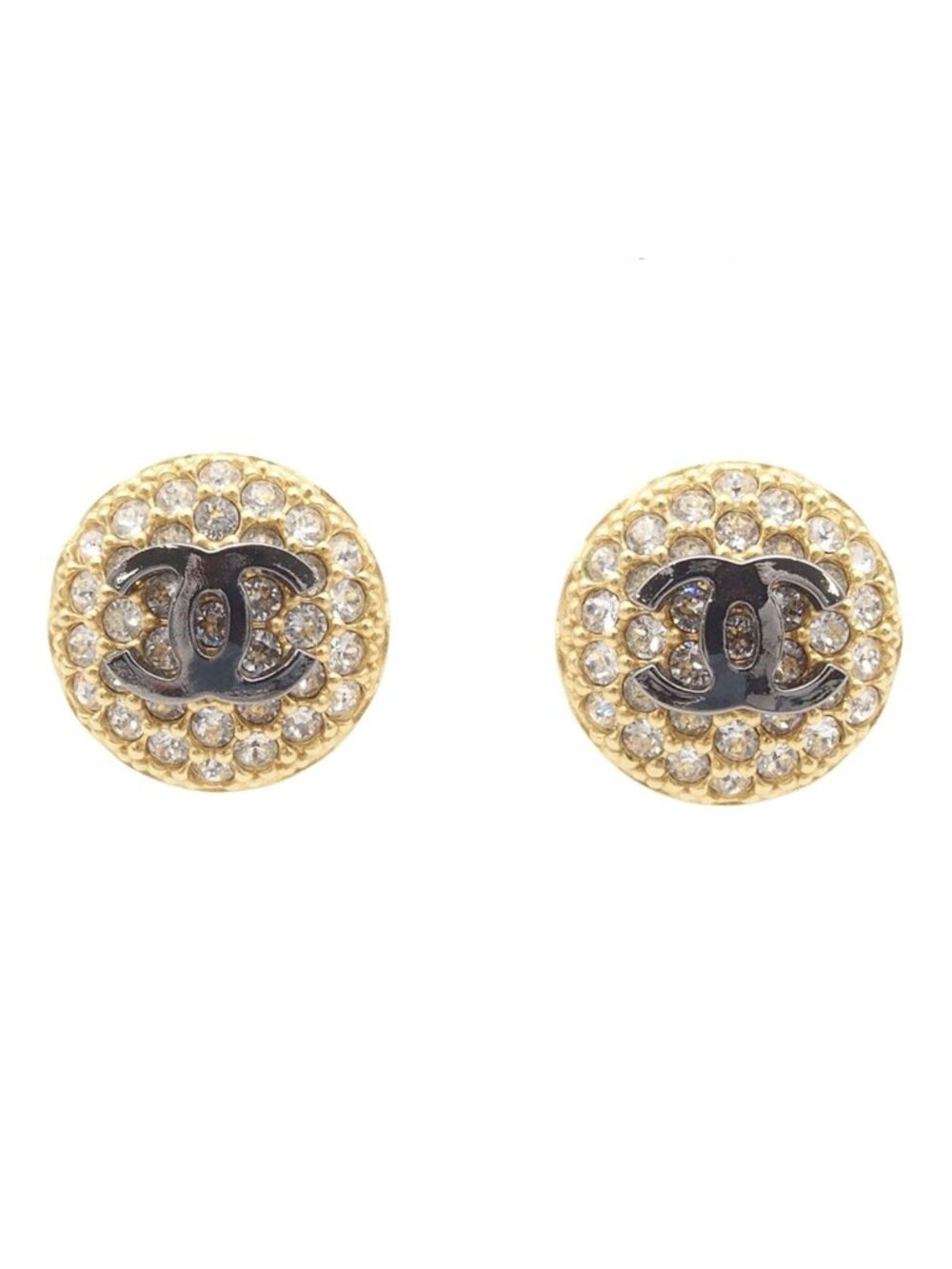 Chanel Earrings Round CC Logo Gold Silver Metal Rhinestone